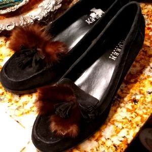 ❤ leather Ralph Lauren mink trimmed shoe, 7 b